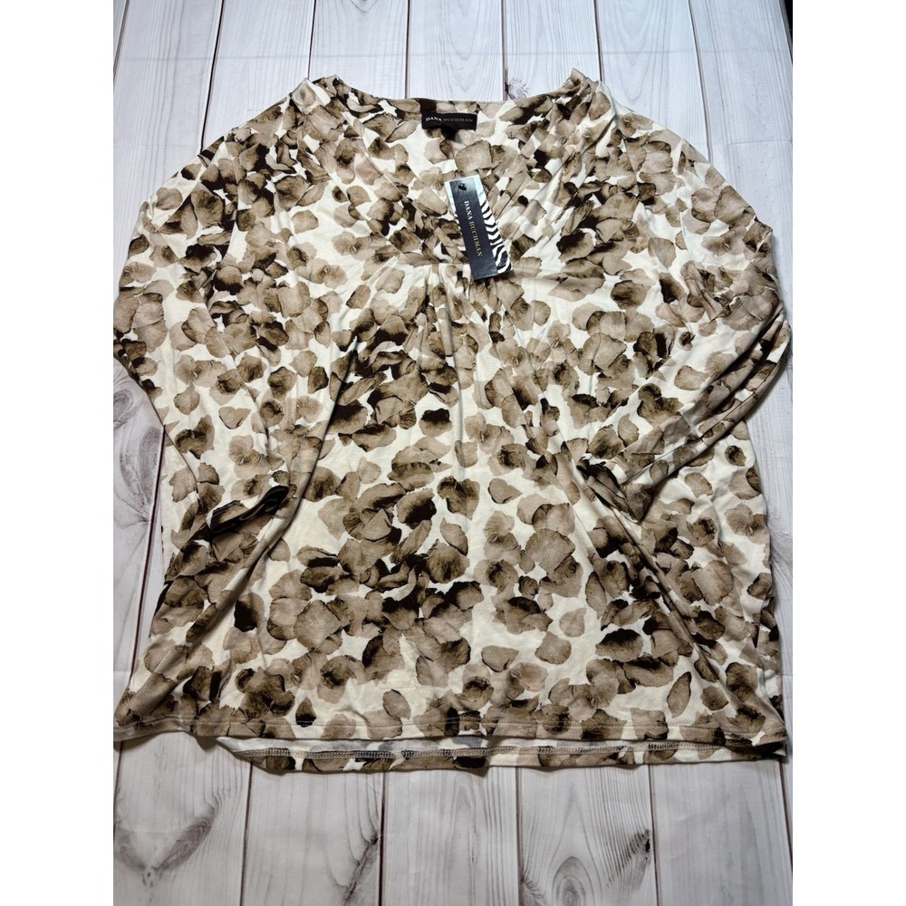 NWT Dana Buchman XL Women Tan Brown Floral Blouse Top 3/4 Sleeve DM51173